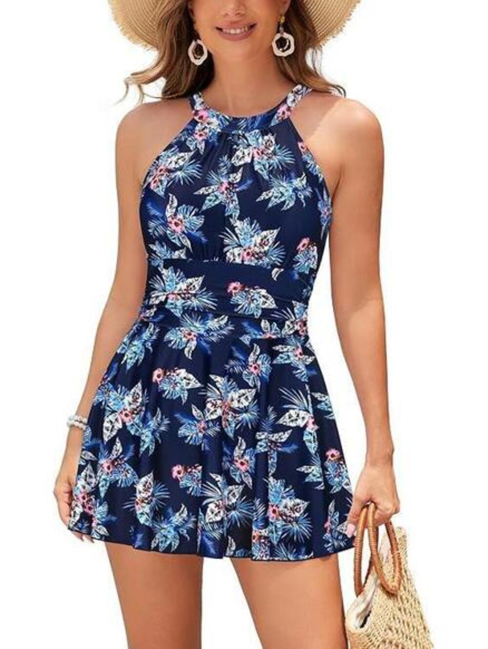 NWT SHEKINI Elegant One Piece High Neck Ruched Swim Dress Swimsuit, XL (16-18)